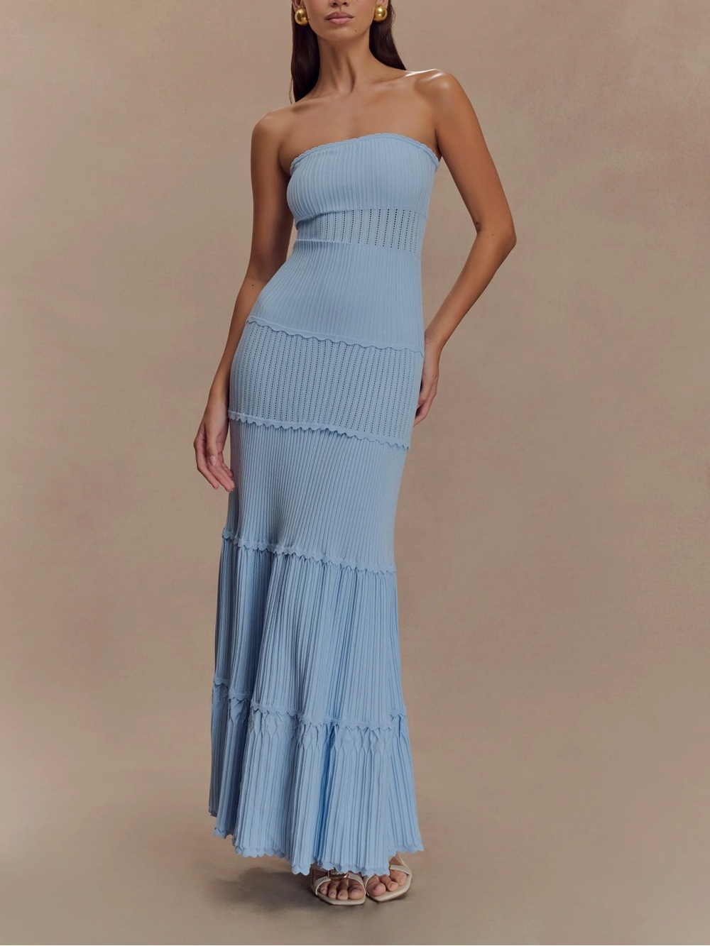 Meshki NWOT Finley Pointelle Knit Maxi Light Blue Ribbed Strapless Maxi Dress